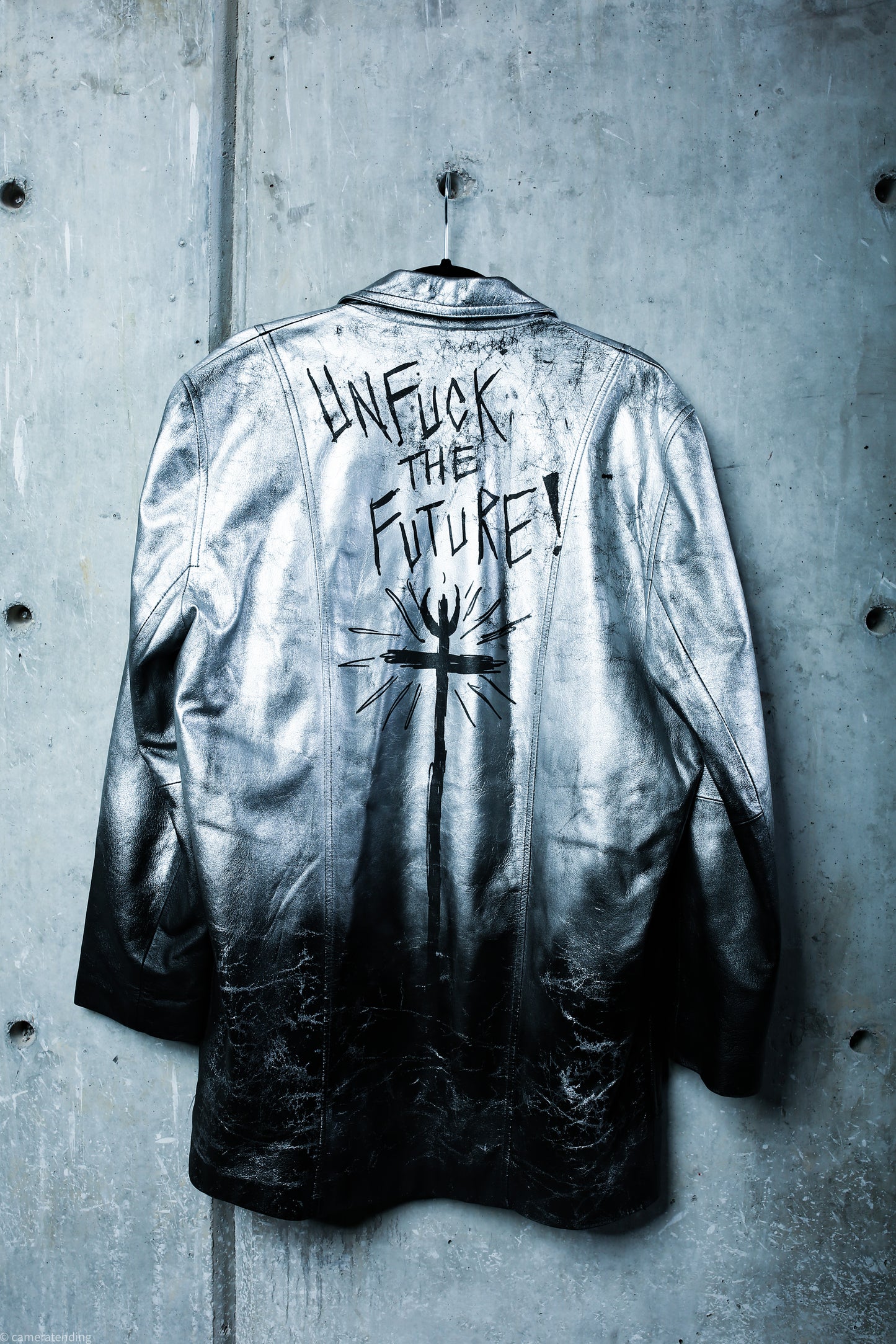 Unfuck the Future - Chrome painted Leather Trench Coat