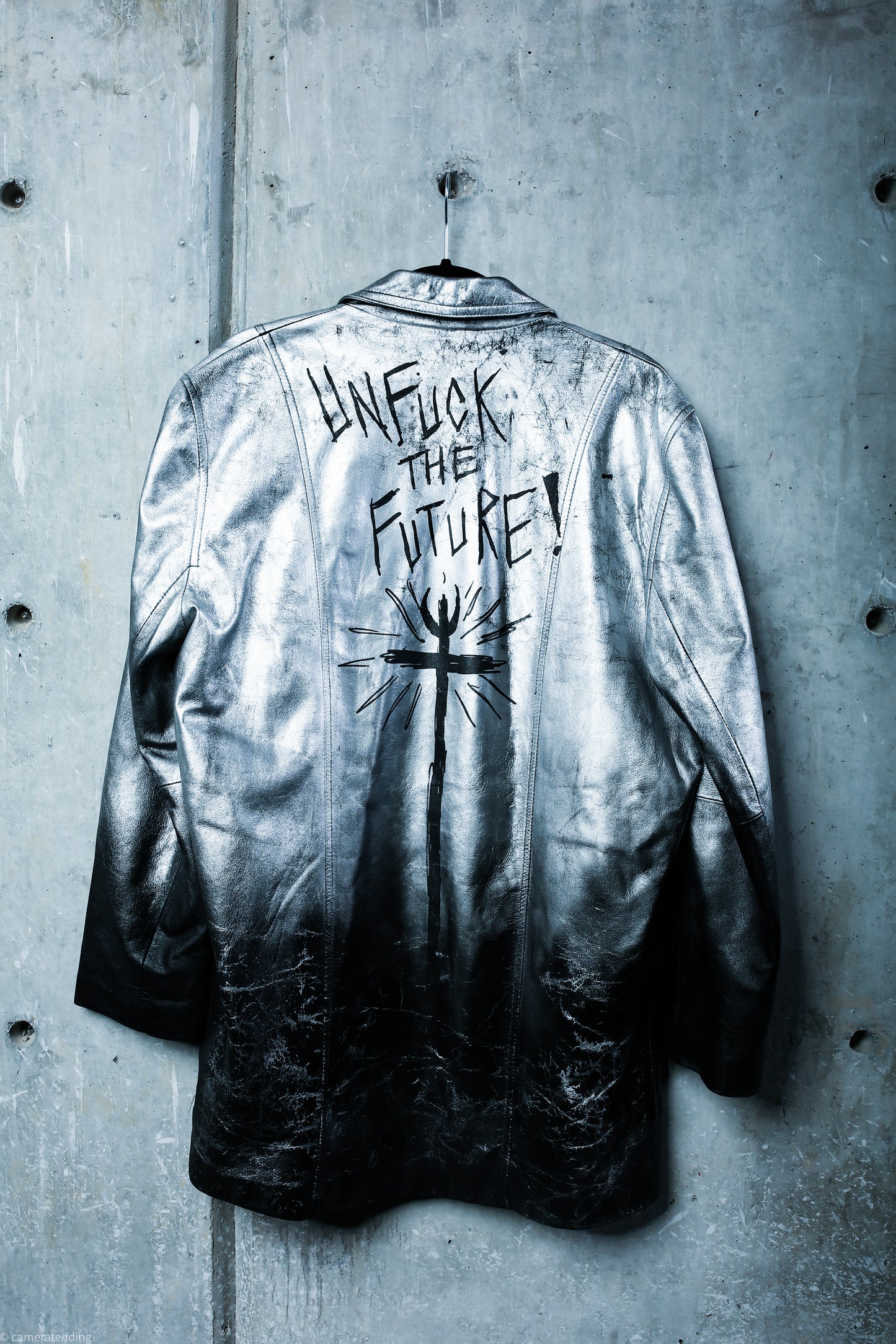 Unfuck the Future - Chrome painted Leather Trench Coat